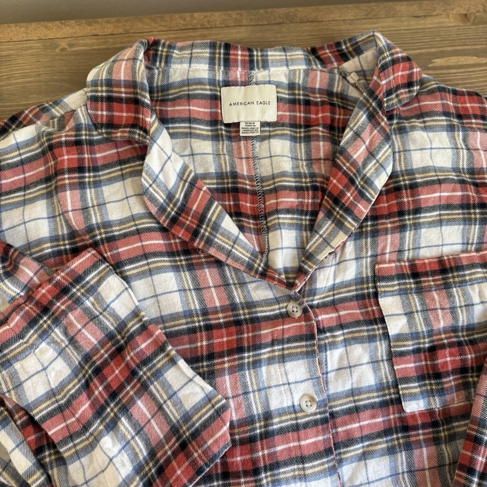 American Eagle‎ Womens Medium Plaid Crop Long Sleeve Button Up Shirt Top